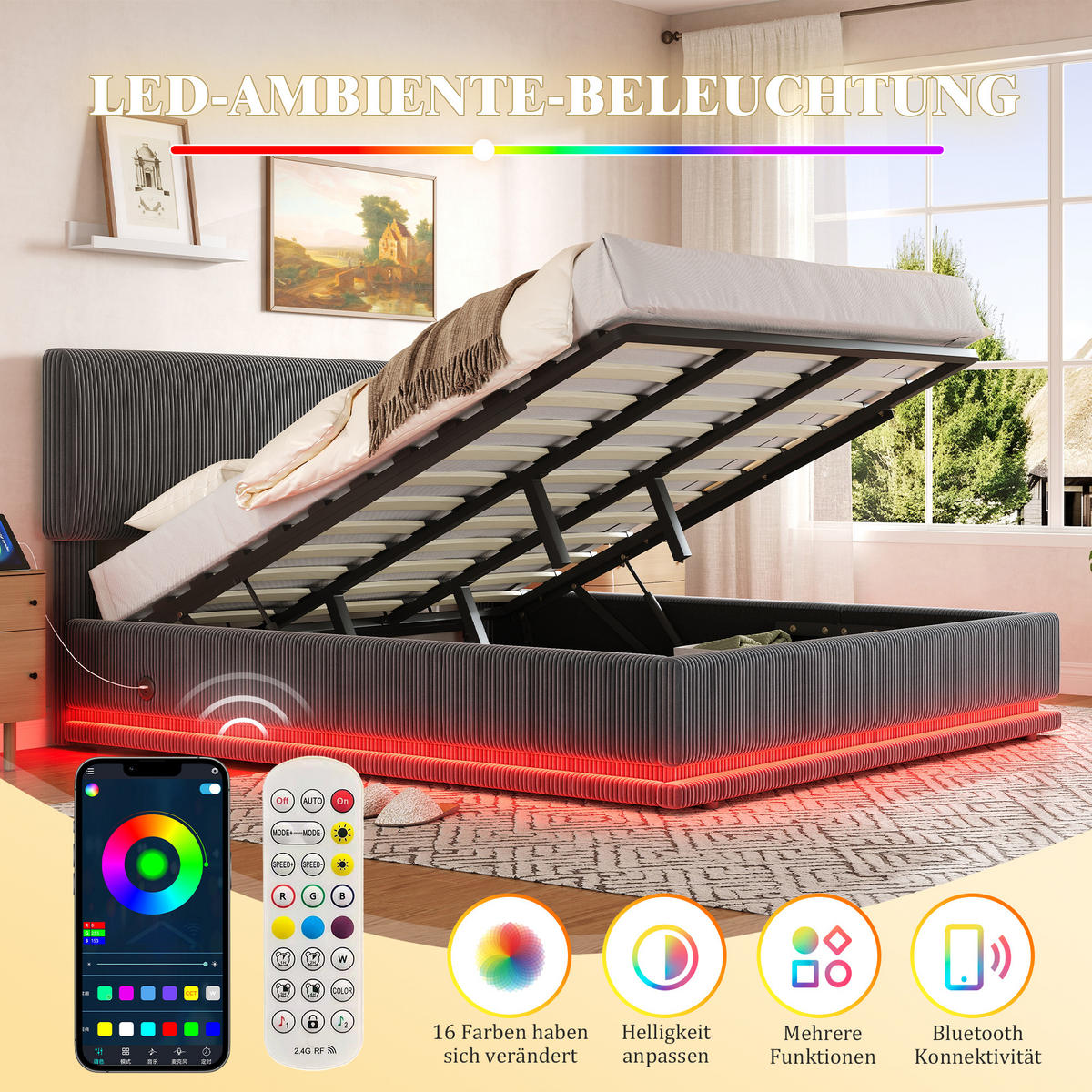 POLSTERBETT 180x200 cm LED USB Stauraum grau - Dunkelgrau, Textil (180/200cm) - LEBENLANG