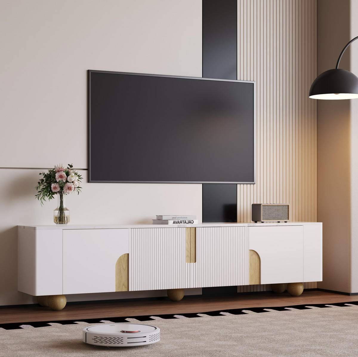 TV-SCHRANK aus MDF und Spanplatte 180x40x44 cm Weiß/Holzfarbe mit 4 Türen und Marmoroptik - Weiß, Holzwerkstoff (180/44/40cm) - Modfu