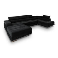 WOHNLANDSCHAFT CASONE R-S Schwarz Velours-Stoff mit Schlaffunktion - Schwarz, Holz (345/90/202cm) - MASSENO