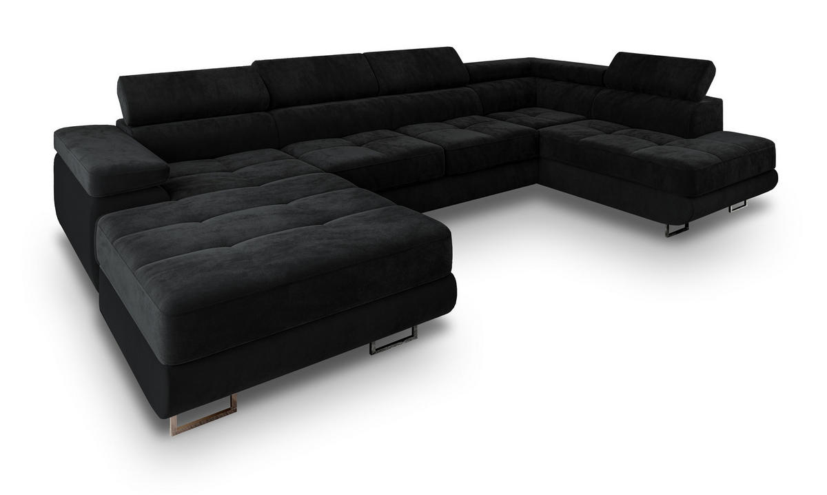 WOHNLANDSCHAFT CASONE R-S Schwarz Velours-Stoff mit Schlaffunktion - Schwarz, Holz (345/90/202cm) - MASSENO