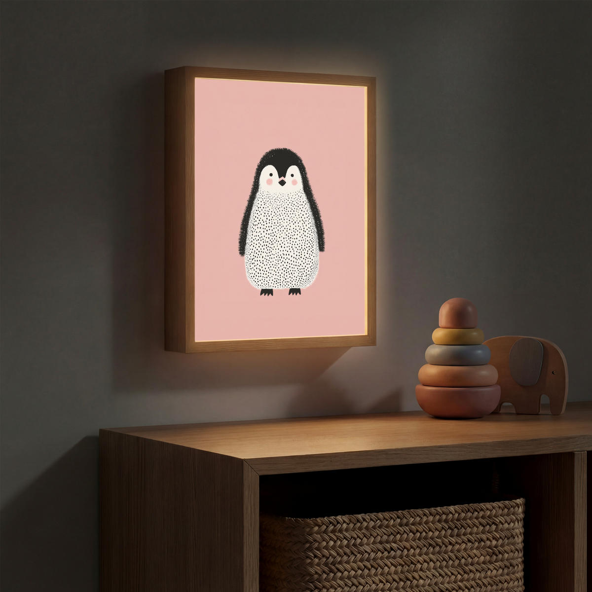 DOBÍJECÍ NOČNÍ LAMPIČKA Tučňák - Tečky - Minimalistický - Růžový 30x40 cm - růžová, kompozitní dřevo (8/30/40cm) - OnlyWow