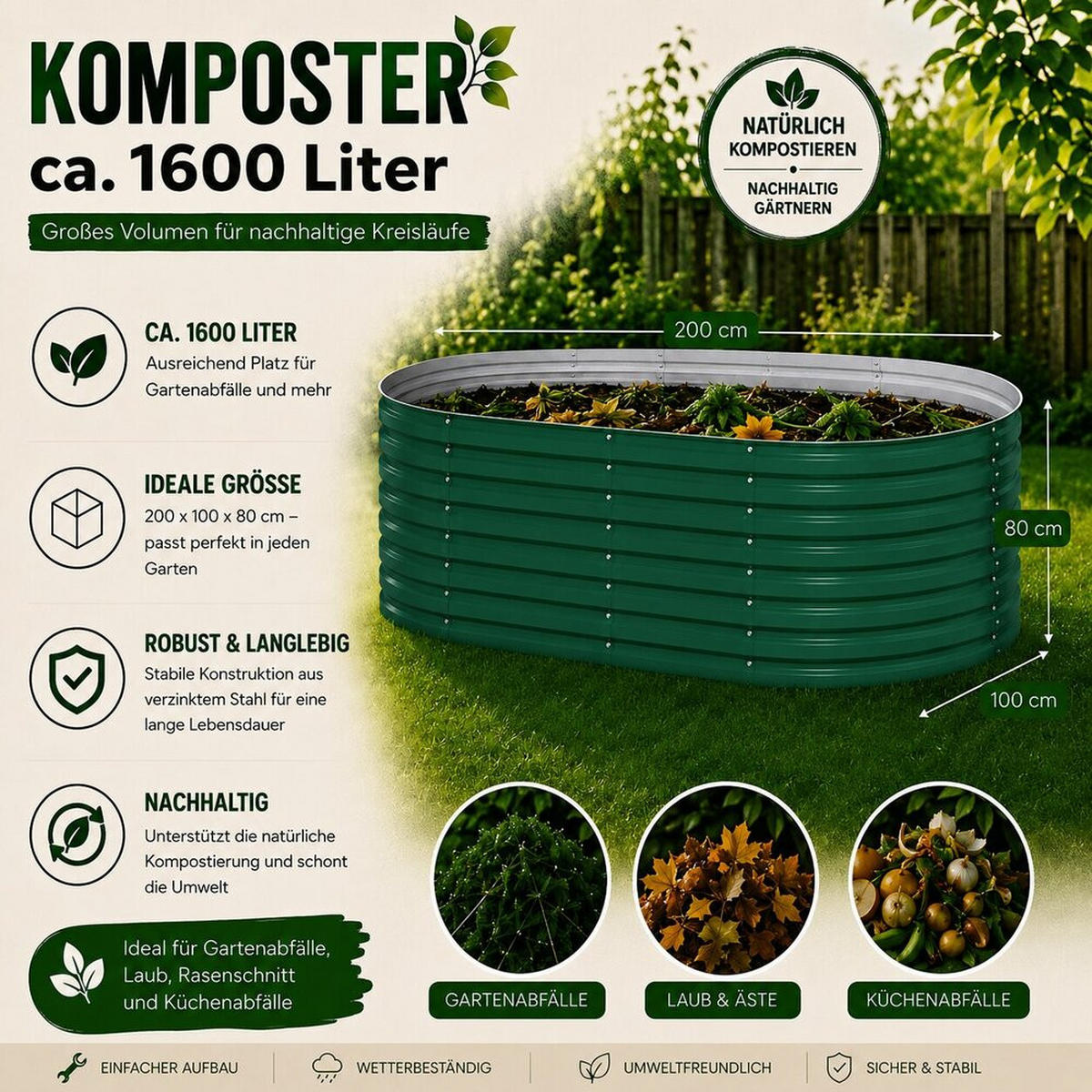 KOMPOSTER Garten, Grün, 200 x 100 cm - Grün, Metall (200/80/100cm) - Vicco