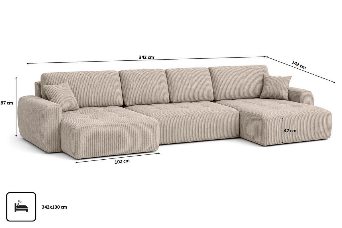 ECKSOFA Mit Schlaffunktion Und Bettkasten U-Form Ivo U, Cordstoff Poso, Dunkelbeige - Beige, Holz (342/142cm) - Kaiser Möbel