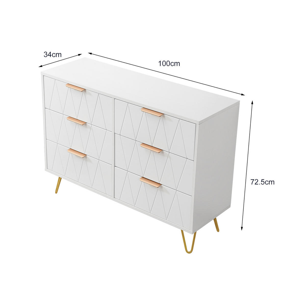 KOMMODE Weiß 6 Schubladen,Sideboard für Wohnzimmer und Schlafzimmer - Weiß, Holz/Metall (34/73/100cm) - PARAFTA HOME