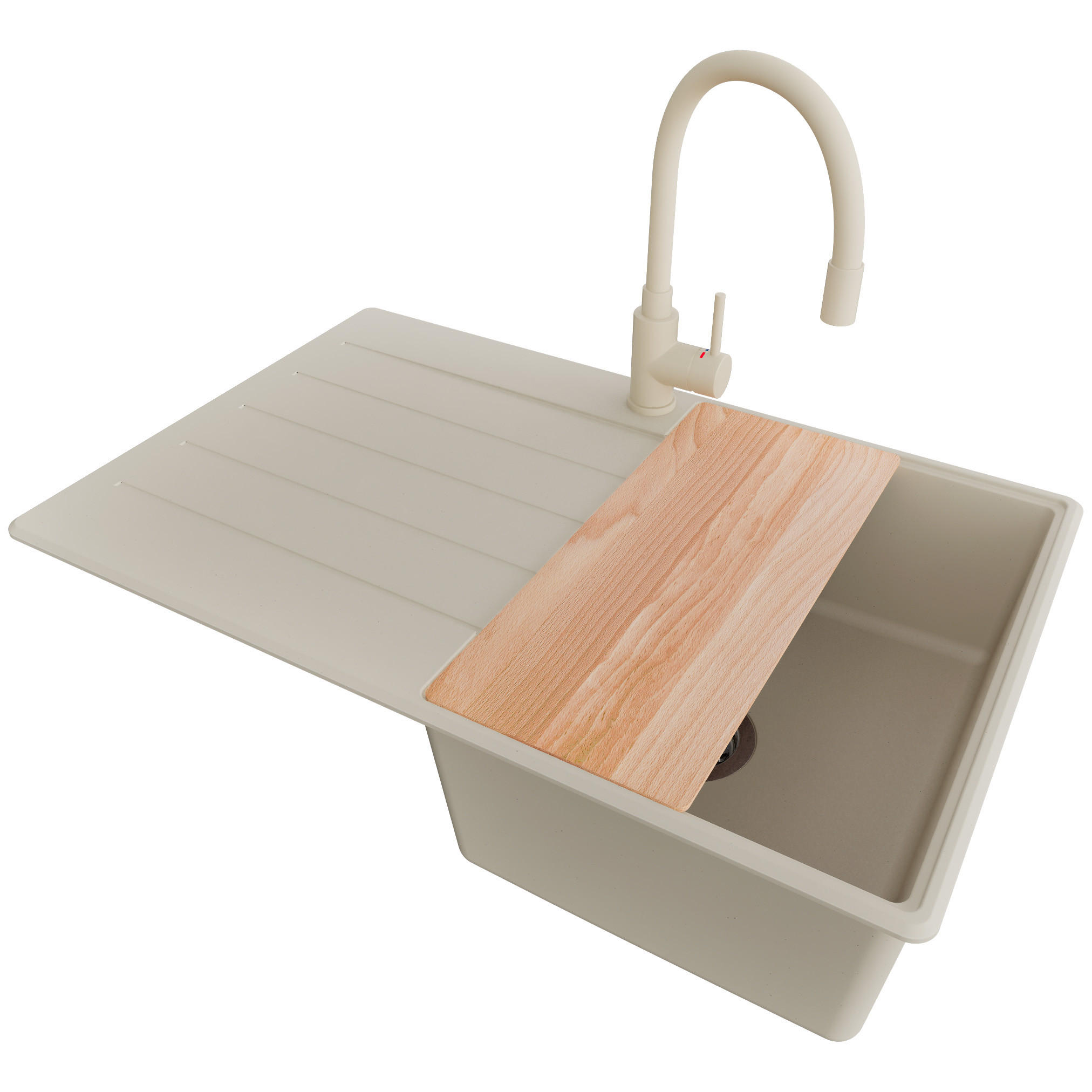 GRANITSPÜLE Kopenhagen, 2-er set Beige 78/50 cm 1 Becken + Küchenarmatur 38/14 cm + Ablauf-Set + Schneidebrett ab 45er Unterschrank - Chromfarben/Beige, Kunststoff (78/20/50cm) - Primagran