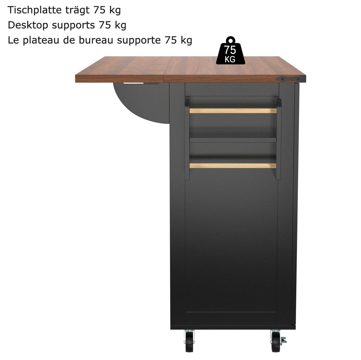 KÜCHENINSEL aus MDF 140x45x92,5 cm Schwarz mit klappbarer Arbeitsplatte, 5 Rollen und 3 Schubladen - Schwarz, Holzwerkstoff (140/92.5/45cm) - Modfu