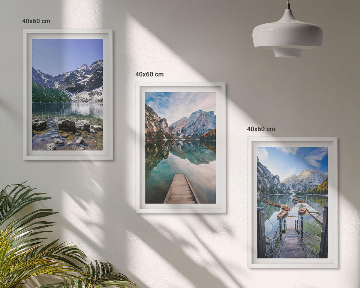 WANDBILDER 3er-Set - 40x60 cm Weißer Rahmen - Berge, Seen, Holzstege - Weiß, Kunststoff (40/60cm) - ArtPrintCave