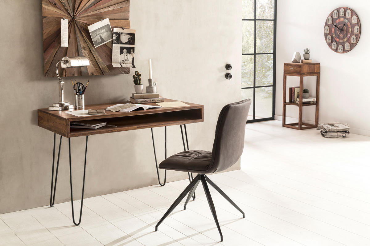 SCHREIBTISCH – Massivholz, Industrial Retro, große Platte, Haarnadelbeine - Schwarz/Braun, Holz/Metall (60/110/76cm) - KADIMA DESIGN