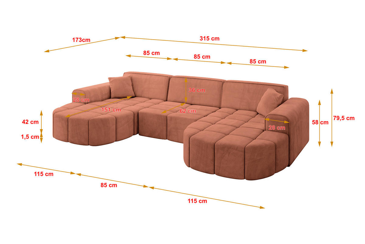 WOHNLANDSCHAFT LIVO-U1 - 315x173x79,5 cm Apricot - Koralle, Holzwerkstoff/Textil (315/79/173cm) - ALTDECOR