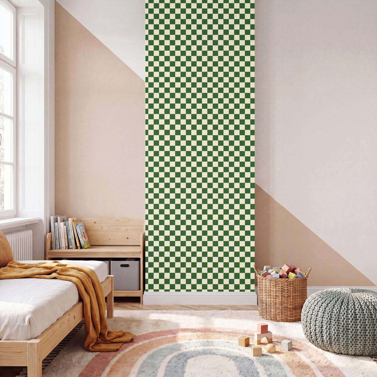 KINDERTAPETE - Schachbrett - Muster - Grün - 100x280 cm - Grün, Papier (100/280cm) - OnlyWow