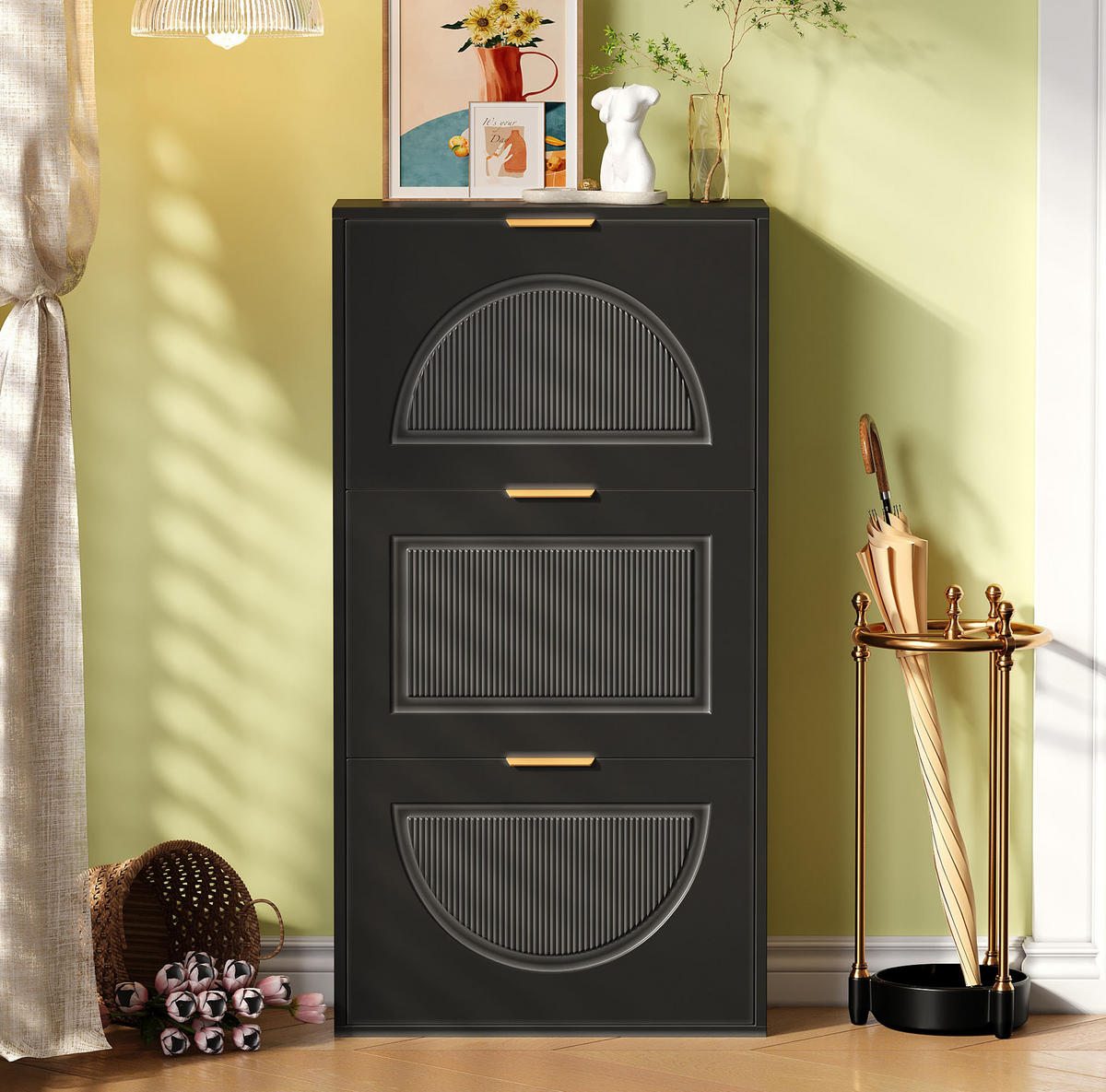 SCHUHSCHRANK mit 3 Klappen 60 x 24 x 114 cm MDF Schwarz - Schwarz, Holz (24/114/60cm) - Beauniv