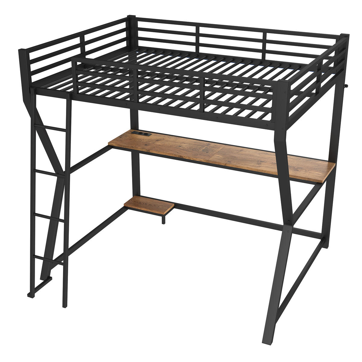 HOCHBETT mit Schreibtisch und LED 140x200 cm Metall Schwarz - Schwarz, Metall (140/200cm) - Meubliv