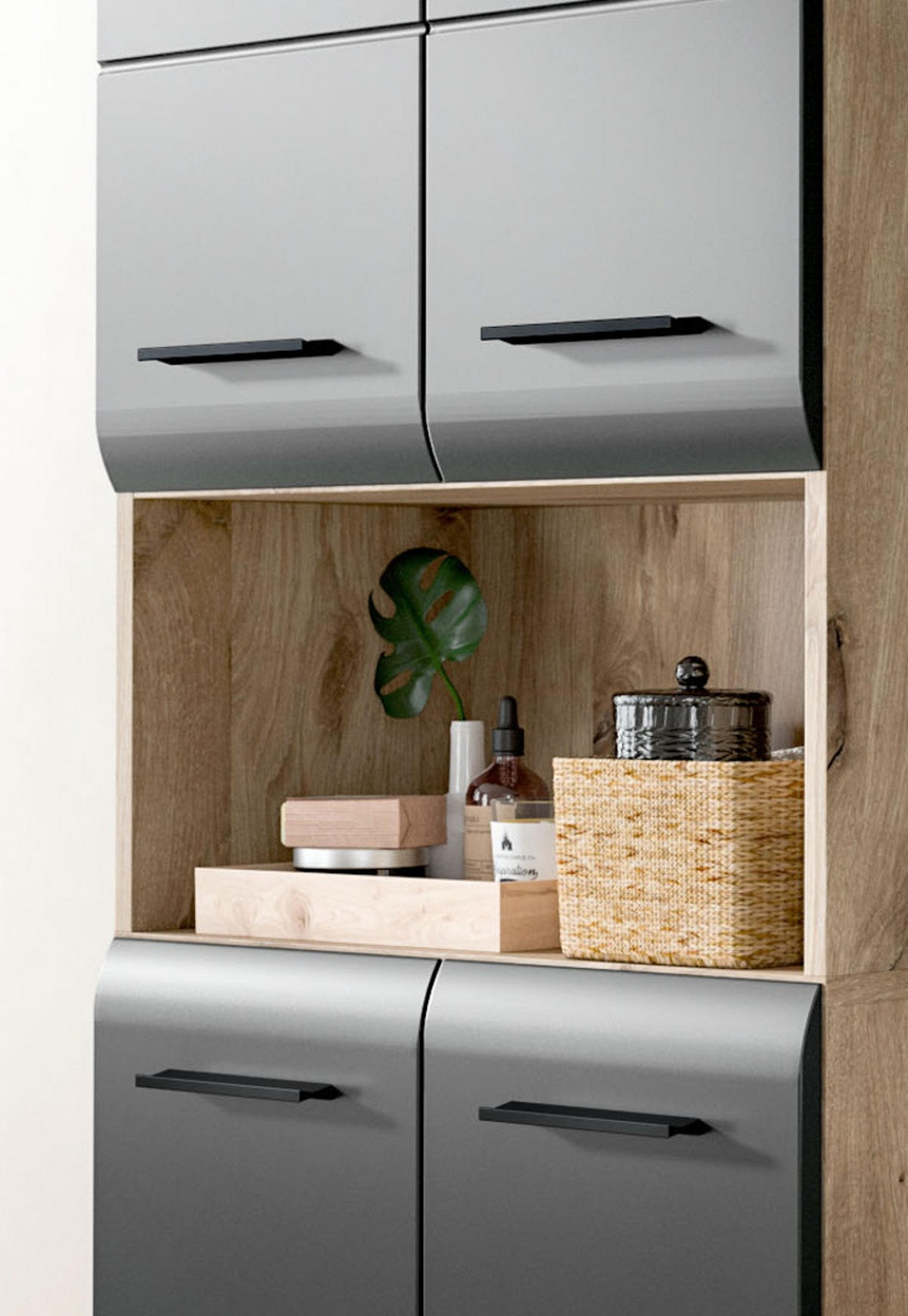 HOCHSCHRANK schwarz matt, Eiche, Badschrank Mehrzweckschrank 6-türig 90 x 185 cm - Eichefarben/Schwarz, Holzwerkstoff/Kunststoff (90/185/30cm) - Inn.Furn