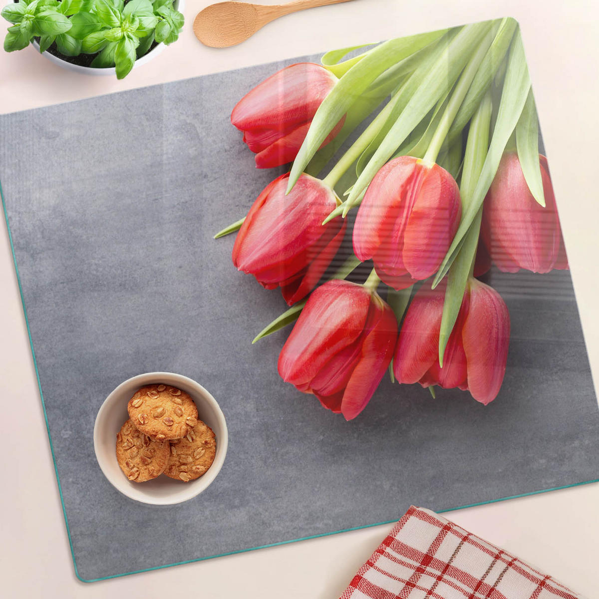 GLASPLATTE 60x52 cm Rote Tulpen - Rot, Glas (60/0.4/52cm) - TULUP