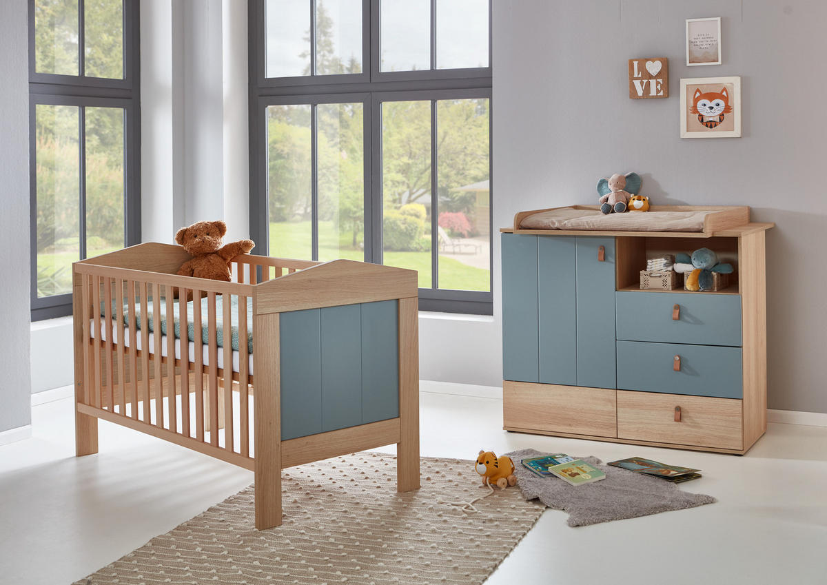 BABYZIMMER SET Roofy 2-tlg. Soft-Close - Salbeigrün/Eichefarben, Leder/Holz (1/1/1cm) - arthur berndt