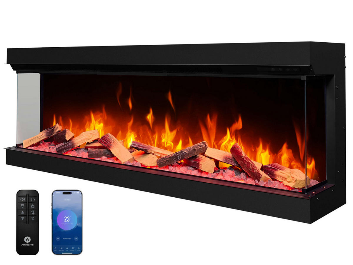 EINBAU-ELEKTROKAMINEINSATZ AF60TS – dreiseitig, Breite 150 cm, 3D-Flammeneffekt, Heizfunktion, WLAN - Schwarz, Glas/Metall (150/55.5/32cm) - ArtiFlame