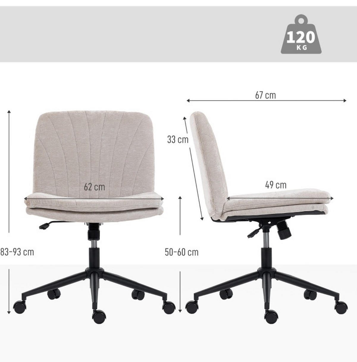 BÜROSTUHL in Beige 62x67x93 cm mit breiter Sitzfläche, Höhenverstellung und Wippfunktion - Beige, Textil (67/93/62cm) - IVMEU