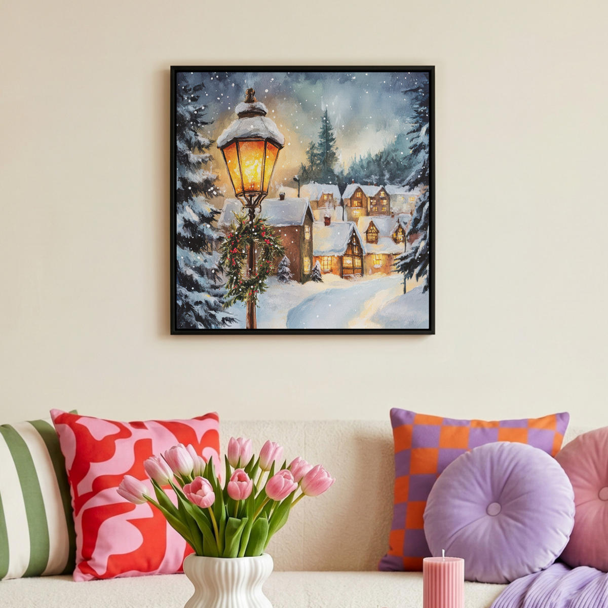 LEINWAND Bilder mit Rahmen - Weihnachtsdorf - Häuser - Schnee - Weihnachten - 50x50 - Sandfarben, Textil (50/50cm) - MuchoWow