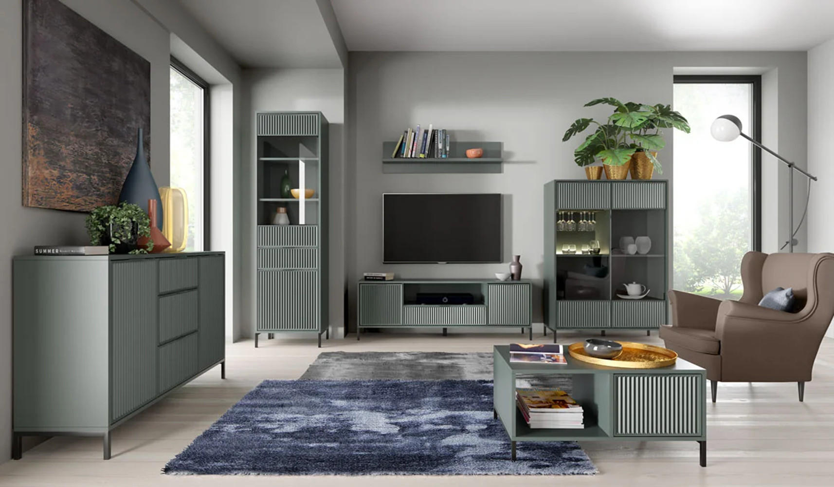 VITRINESCHRANK LINKA STYLES LS-05 - Dunkelgrün, Holzwerkstoff (55/196/41cm) - Meblini