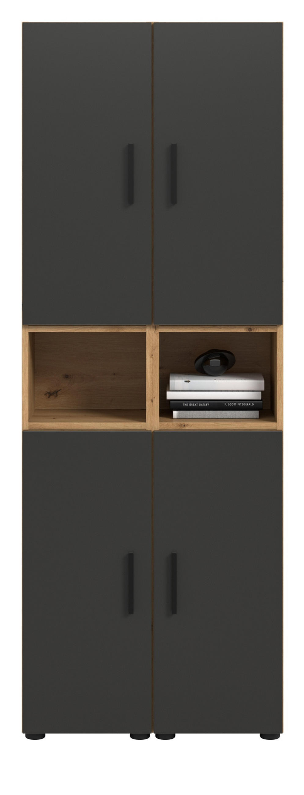 STAURAUMSCHRANK grau, Eiche Artisan 65 x 178 cm, Mehrzweckschrank mit viel Stauraum - Schwarz/Eiche Artisan, Holzwerkstoff/Kunststoff (65/178/34cm) - Inn.Furn