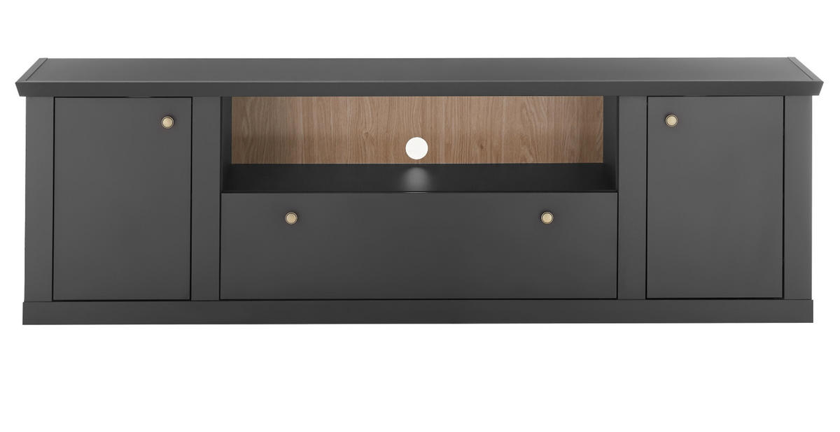 TV-LOWBOARD schwarz matt, Eiche Landhaus 205 cm, TV Unterteil mit Soft-Close - Eichefarben/Messingfarben, Holzwerkstoff/Metall (205/62/42cm) - Furn.Design