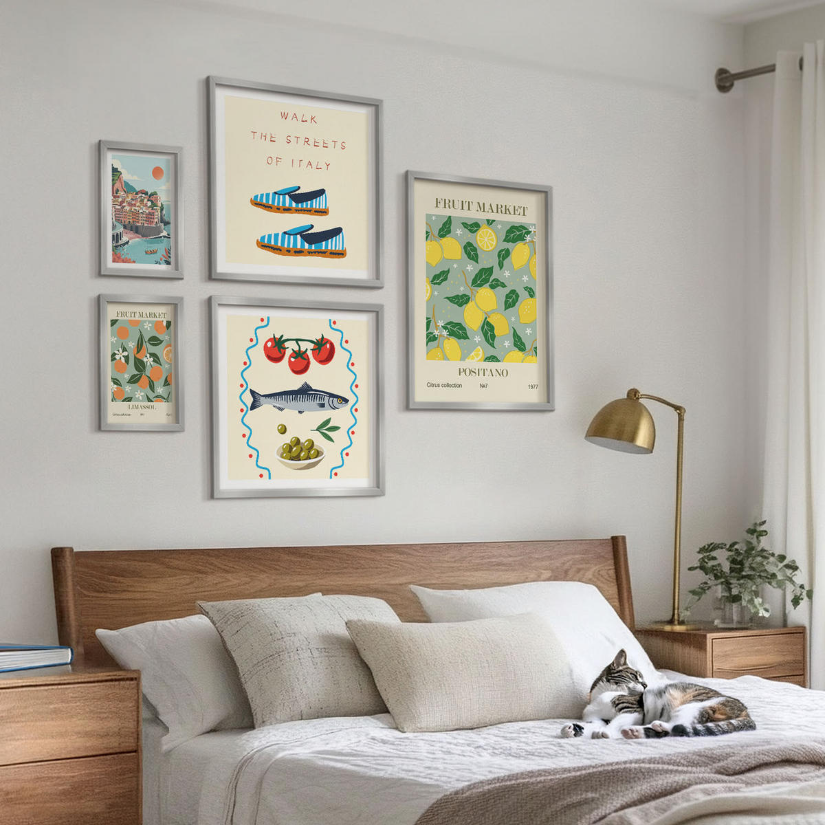 WANDBILDER 5er Set - 50x50 cm & 20x30 cm & 40x60 cm Silberner Rahmen - Italienische Poster mit Fruchtmotiven - Silberfarben, Kunststoff (40/60cm) - ArtPrintCave