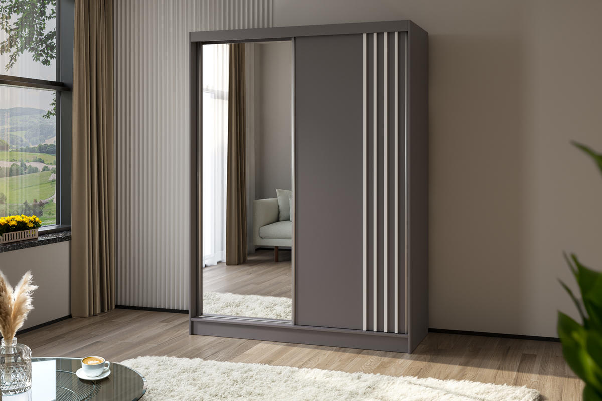 SCHWEBETÜRENSCHRANK Neli 160 cm mit Lamellen und Spiegel 2-türig, grau, grau, Lamelle weiß - Weiß/Grau, Kunststoff (160/216/61cm) - Margaret Hadas24