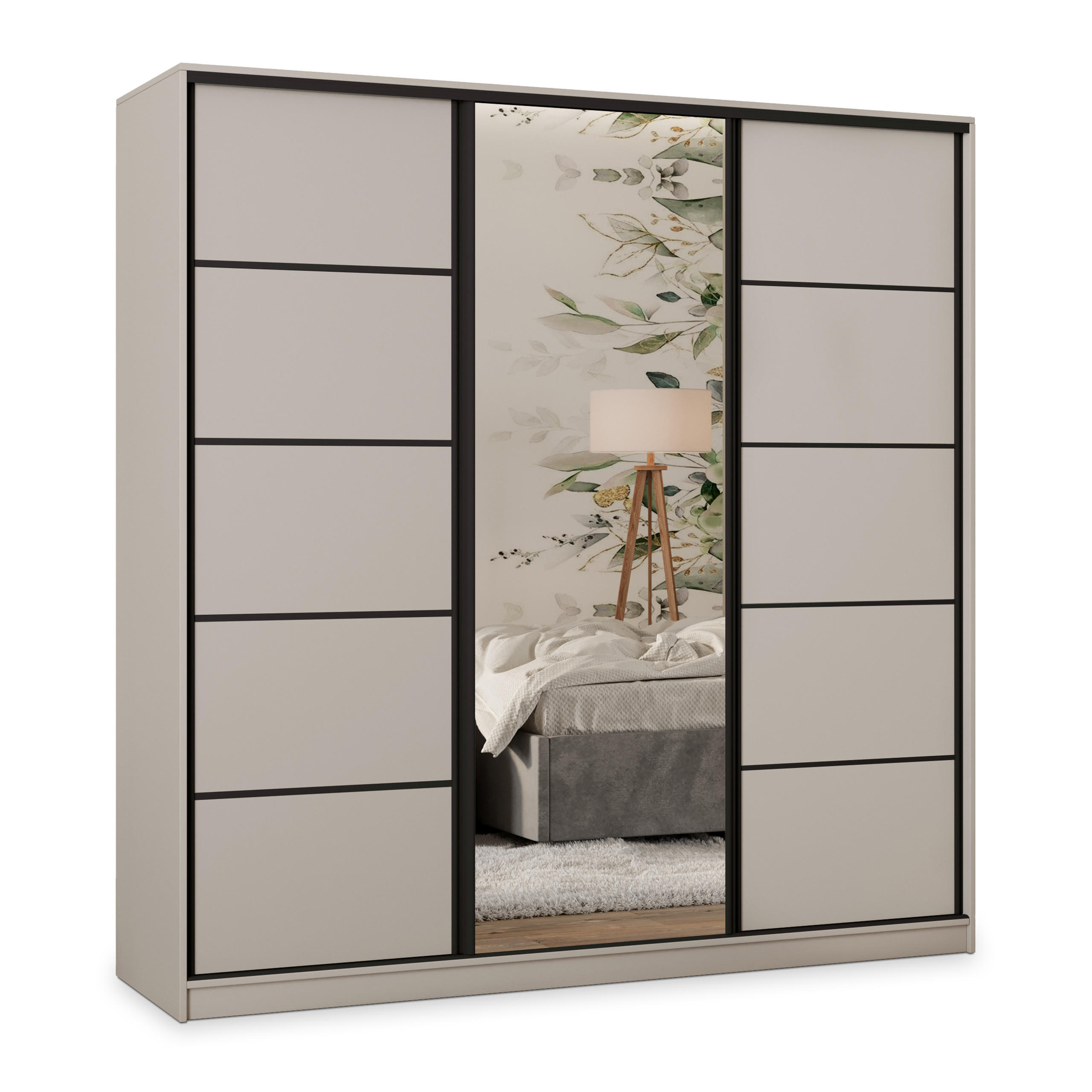 SCHWEBETÜRENSCHRANK PINA 180/205/58 cm 3-türig mit Spiegel und Schubladen Kaschmir - Kaschmir/Schwarz, Holzwerkstoff (180/205/58cm) - MASSENO