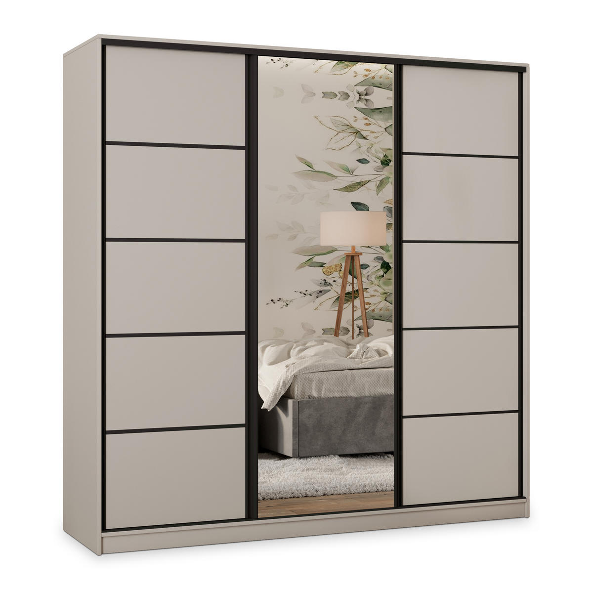 SCHWEBETÜRENSCHRANK PINA 180/205/58 cm 3-türig mit Spiegel und Schubladen Kaschmir - Kaschmir/Schwarz, Holzwerkstoff (180/205/58cm) - MASSENO