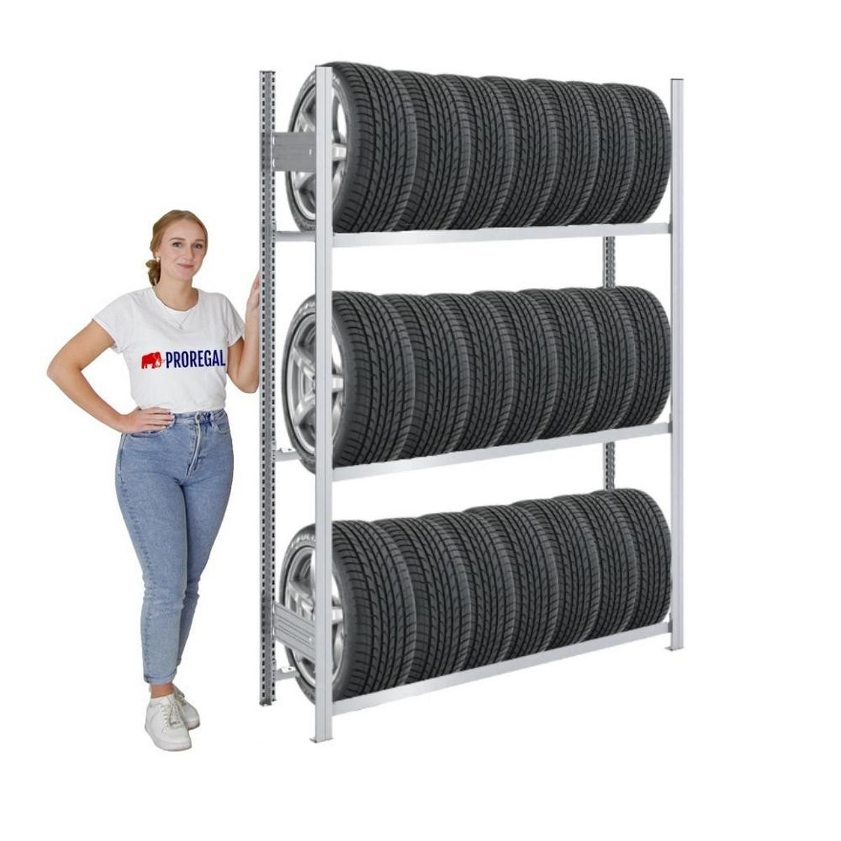 REIFENREGAL TIRE PRO 200x150x43cm 3 Ebenen 150kg Fachlast Bis zu 7 Reifen pro Ebene Verzinkt - Silberfarben, Metall (150/200/43cm) - PROREGAL
