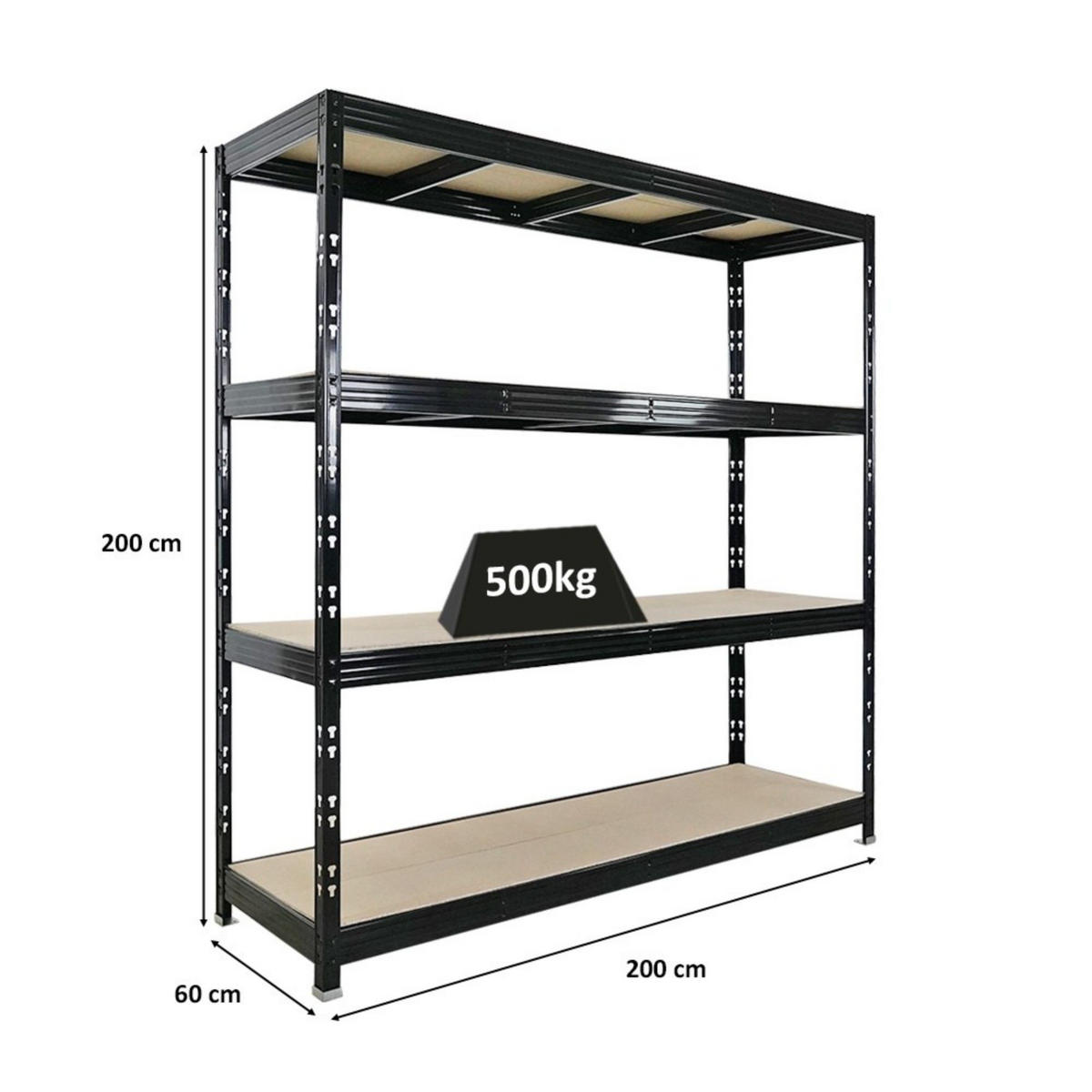 SCHWERLASTREGAL Rhino 200x200x60 cm 4 Spanplatten-Ebenen 8mm Fachlast 500 kg Schwarz - Schwarz, Metall (200/200/60cm) - PROREGAL