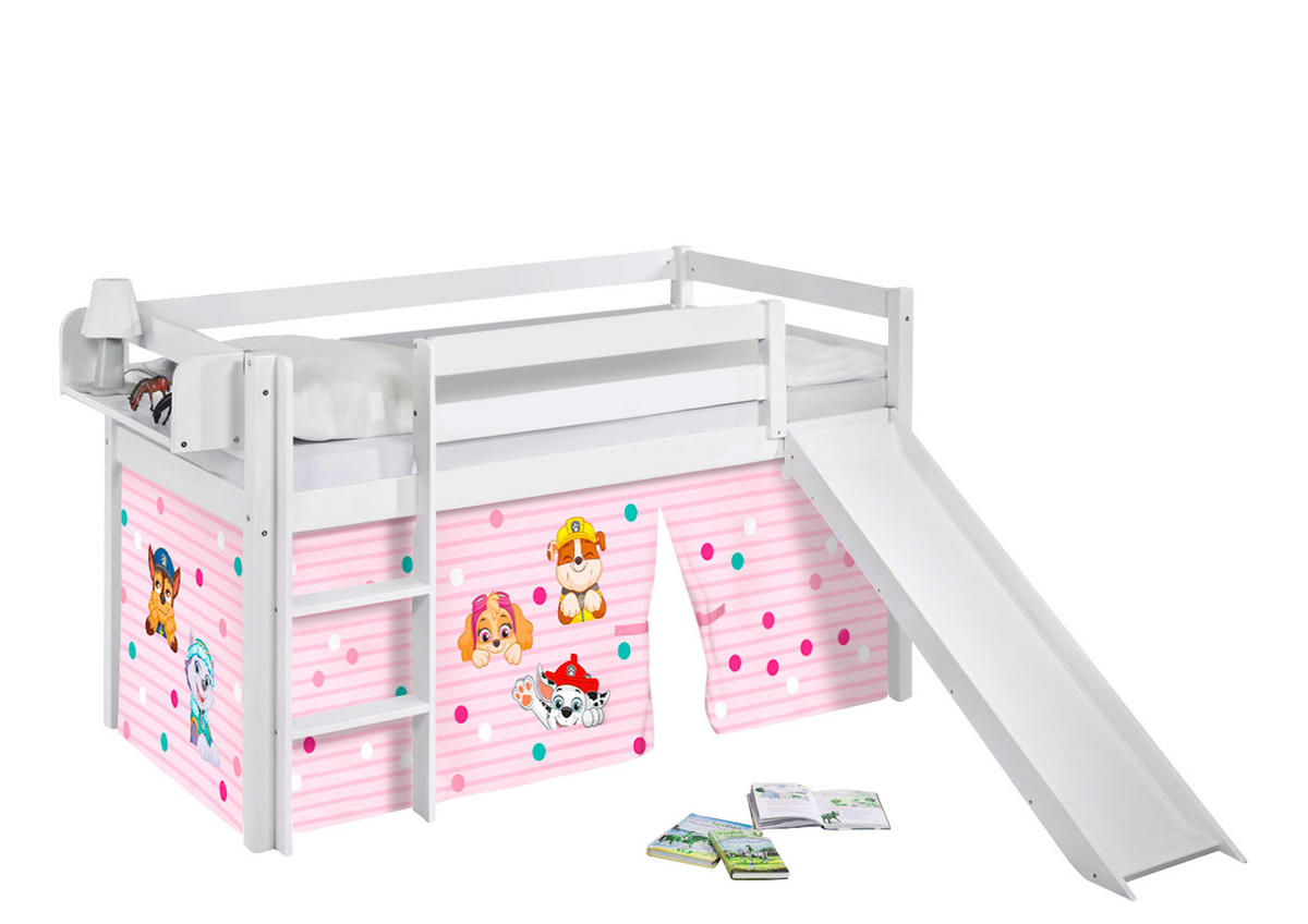 HOCHBETT JELLE Paw Patrol rosa mit Rutsche und Vorhang - Weiß, Holz - Lilokids