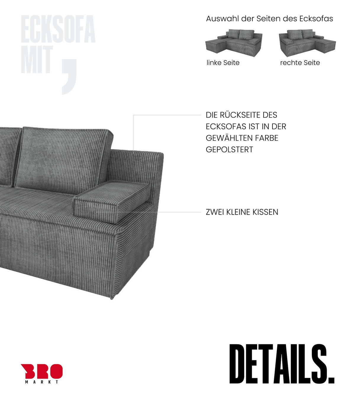 ECKSOFA Caspar mit Schlaffunktion Grau Cord - Grau, Textil (200/141cm) - Bromarkt