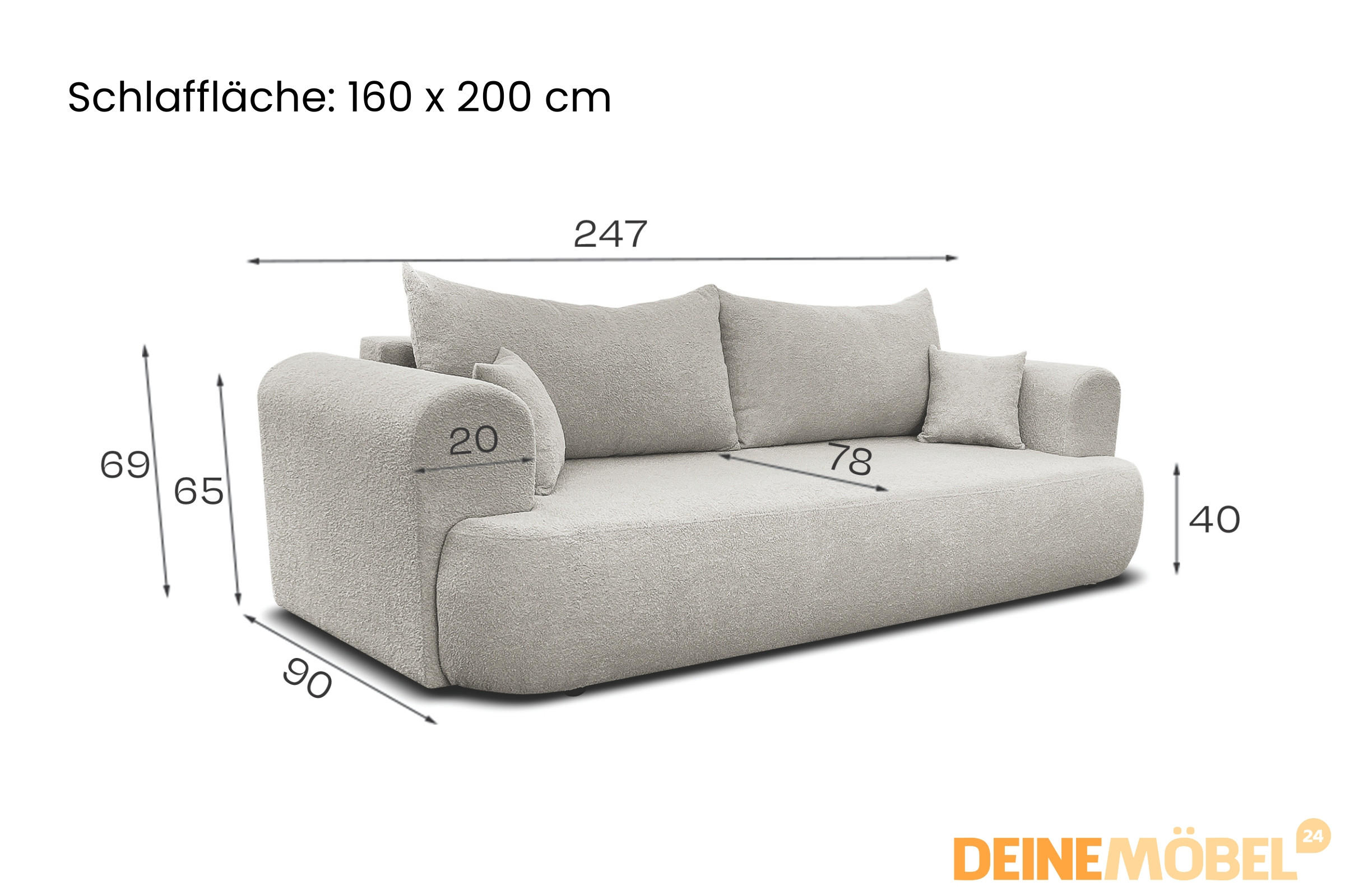 Thumbnail - Deine Möbel 24 Schlafsofa, Creme, Textil, 247x69x90 cm, Wohnzimmer, Sofas & Couches, Schlafsofas