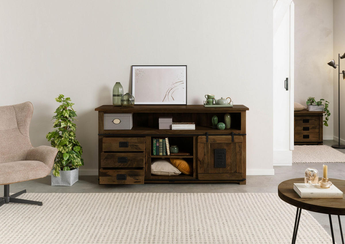 SIDEBOARD Mango 180x45x90 braun lackiert RAILWAY #467 - Braun, Holz (180/90/45cm) - Massivmoebel24