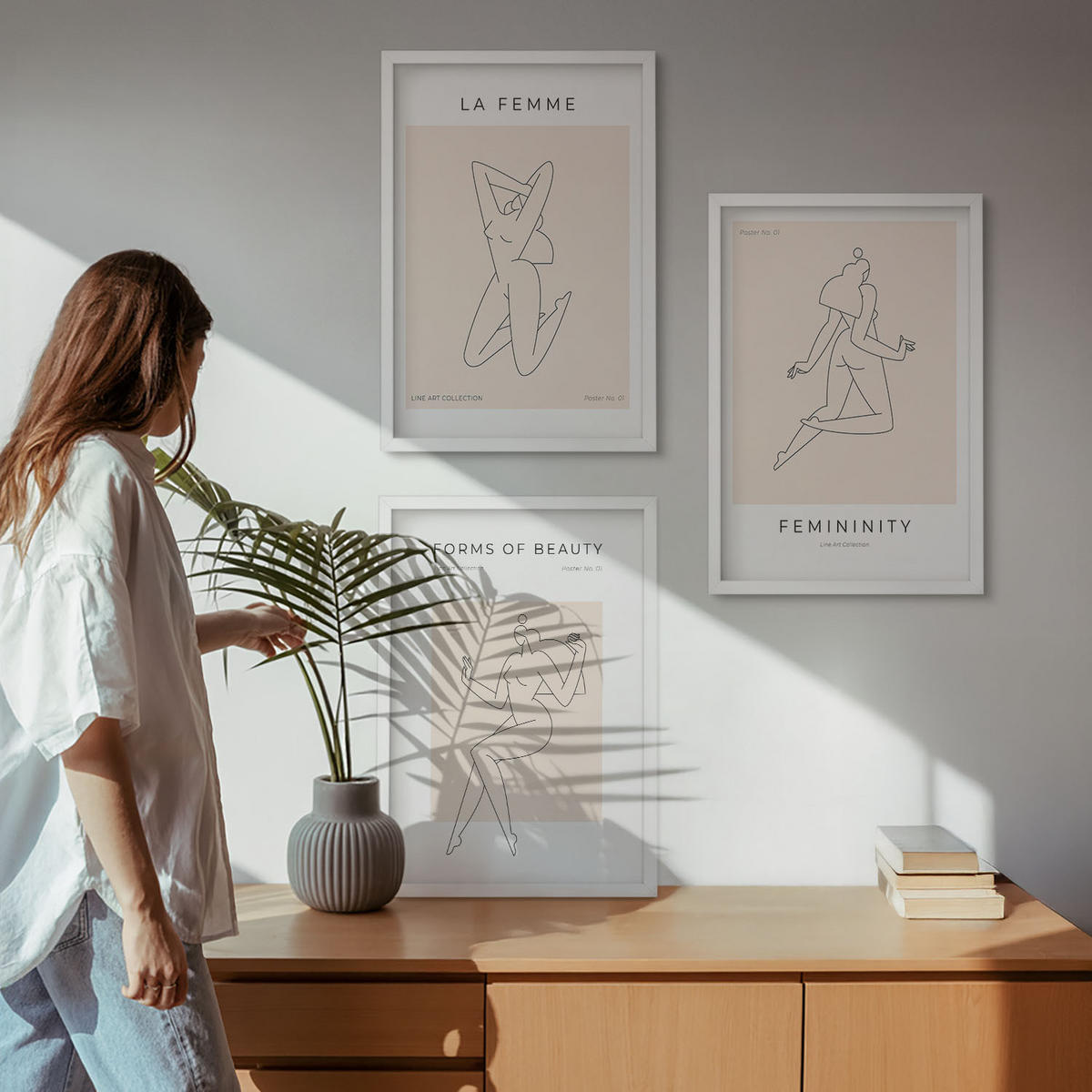 WANDBILDER 3er-Set - 40x60 cm Weißer Rahmen - Poster mit minimalistischen Frauensilhouetten - Weiß, Kunststoff (40/60cm) - ArtPrintCave