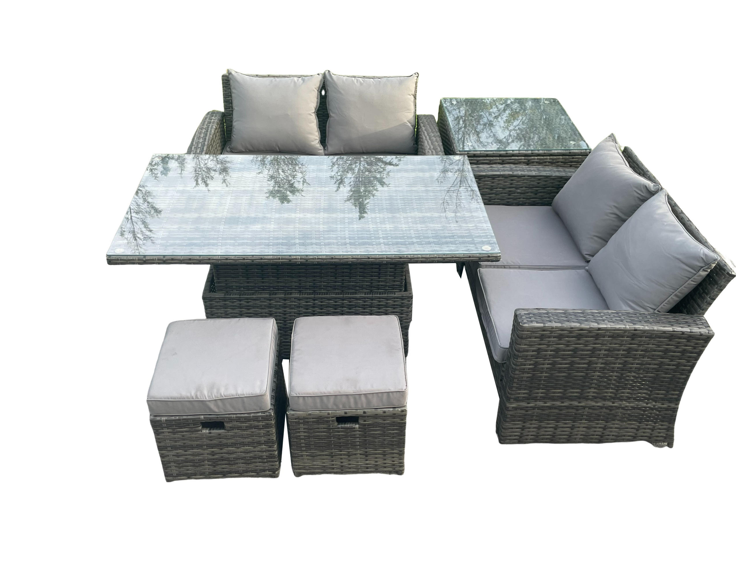 GARTENMÖBEL-SET HÖHENVERSTELLBARER ESSTISCH SOFA SET MIT BEISTELLTISCHE Polyrattan Dunkelgrau Gemischt 6-Sitzer - Dunkelgrau, Metall - Fimous