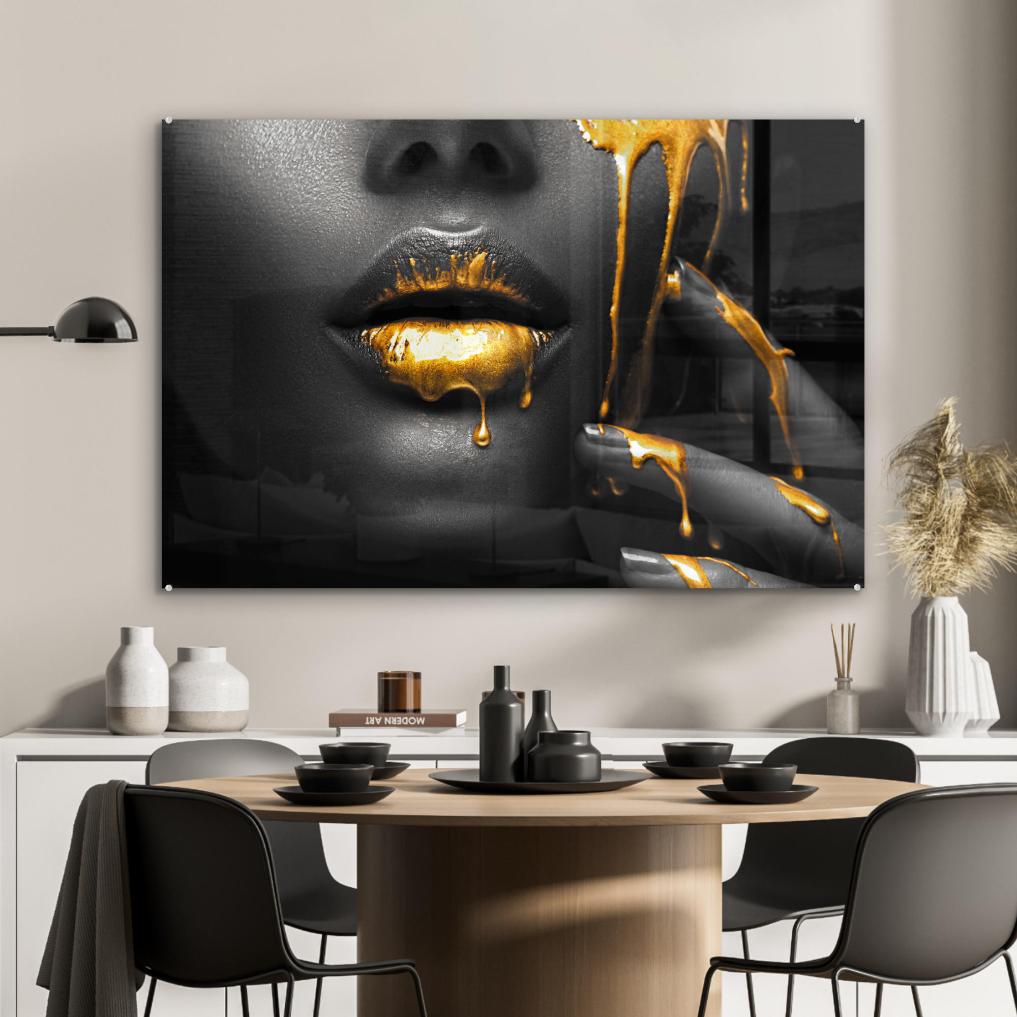 ACRYLGLASBILD Frau - Schwarz - Gold - Gesicht - Lippen 90x60 cm - Goldfarben, Glas (90/60cm) - MuchoWow