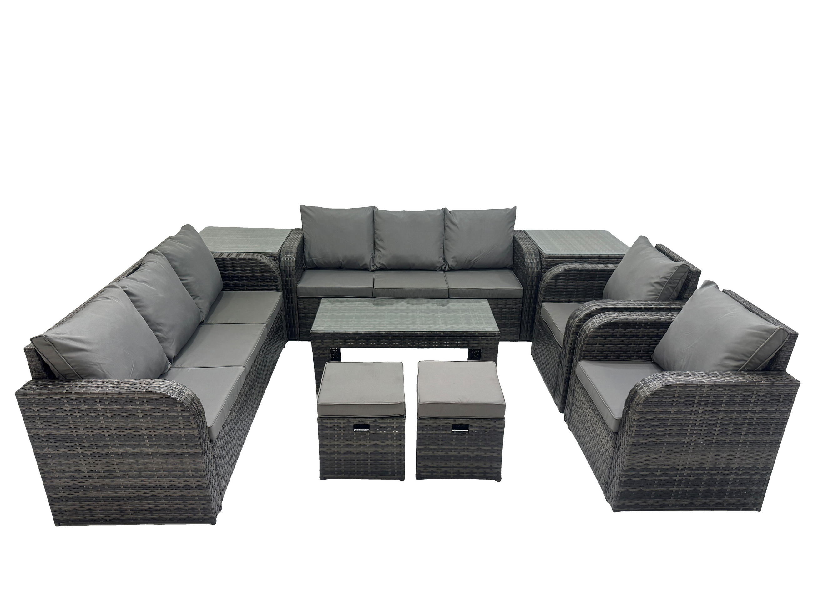 GARTENSOFA SET mit rechteckigem COUCHTISCH Polyrattan 10-Sitzer Dunkelgrau - Dunkelgrau/Grau, Glas/Kunststoff - Fimous