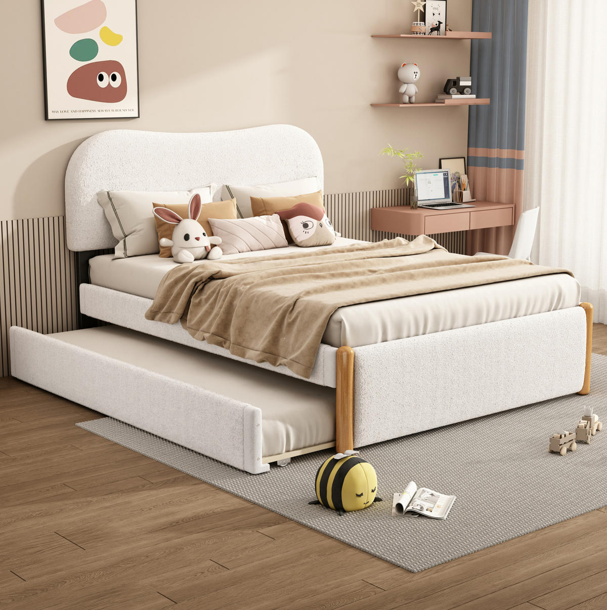 POLSTERBETT 140/200 cm mit ausziehbarem Rollbett, Plüschbezug und minimalistischer Form, Weiß - Weiß, Textil (140/200cm) - Redom