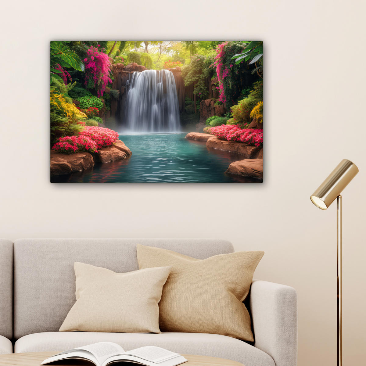 LEINWANDBILD Wasserfall - Natur - Pflanzen - Dschungel - Wasser Wanddeko 90x60 cm - Grün, Textil (90/60cm) - MuchoWow