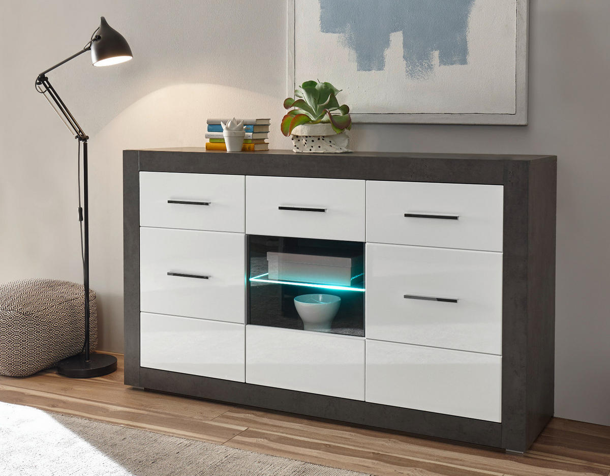 SIDEBOARD weiß Hochglanz, grau Stone 164 cm, Kommode 6 Fächern - Chromfarben/Weiß Hochglanz, Glas/Holzwerkstoff (164/97/42cm) - Furn.Design