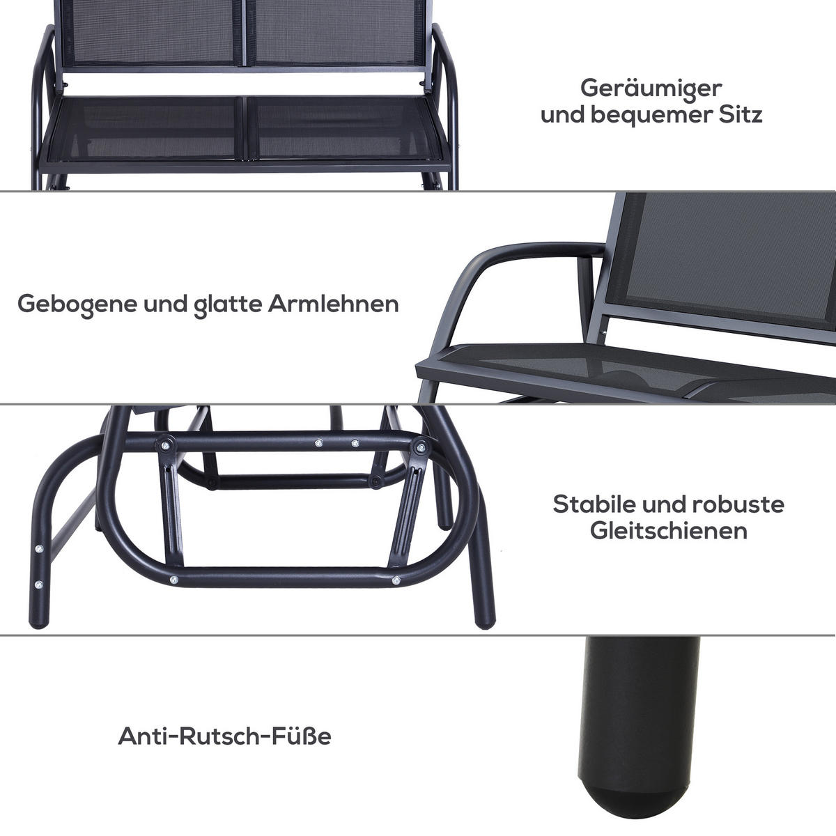 SCHAUKELSTUHL 2-Sitzer Gartenbank Sitzbank Parkbank Metall Schwarz 120x70x88cm - Schwarz, Metall (70/85/120cm) - Outsunny
