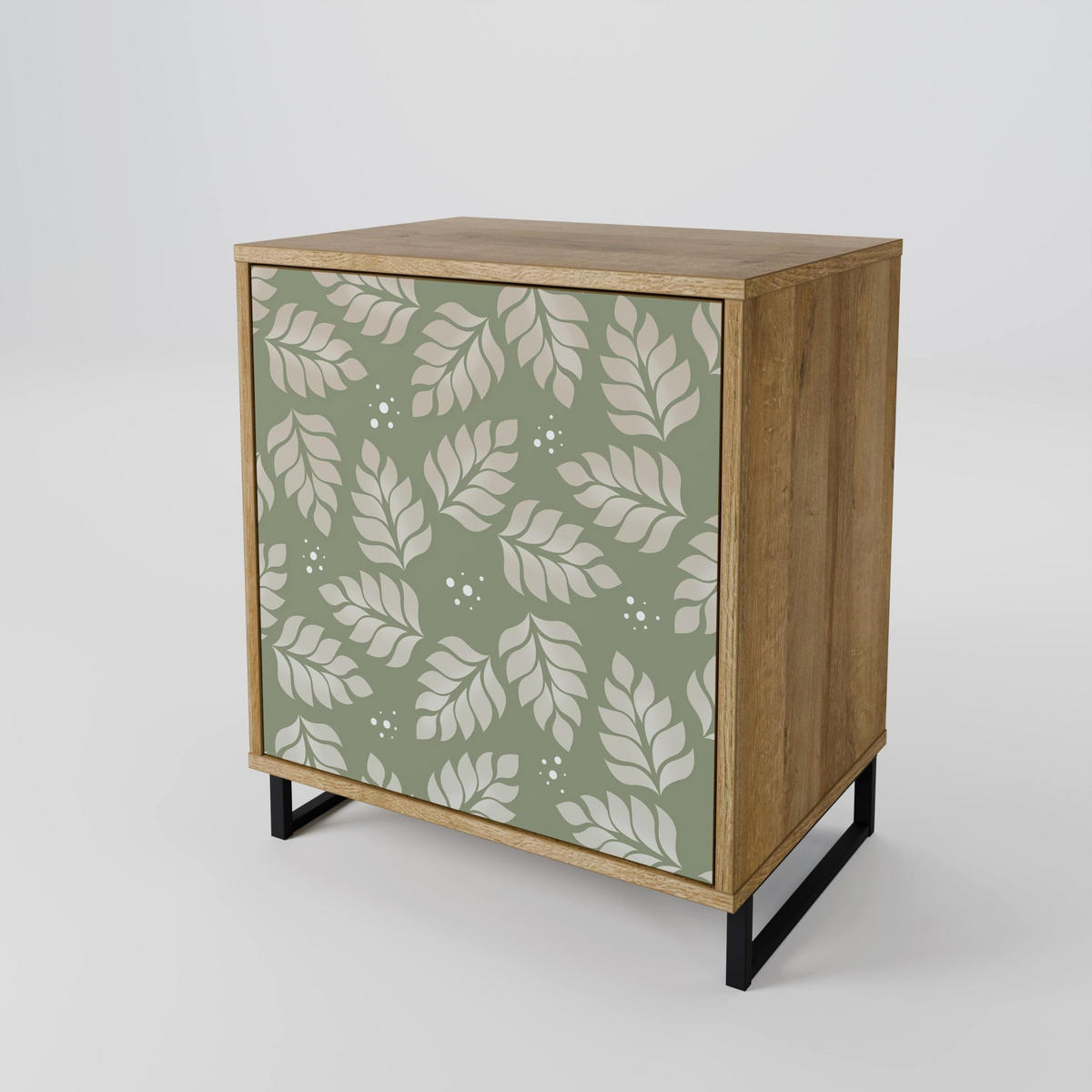SIDEBOARD LEAVES ON GREEN, Eichefarben, 57,5x42x72,5 cm, Schwarze Metallfüße - Eichefarben/Multicolor, Holzwerkstoff/Metall (57.5/72.5/42cm) - SpaceRebels