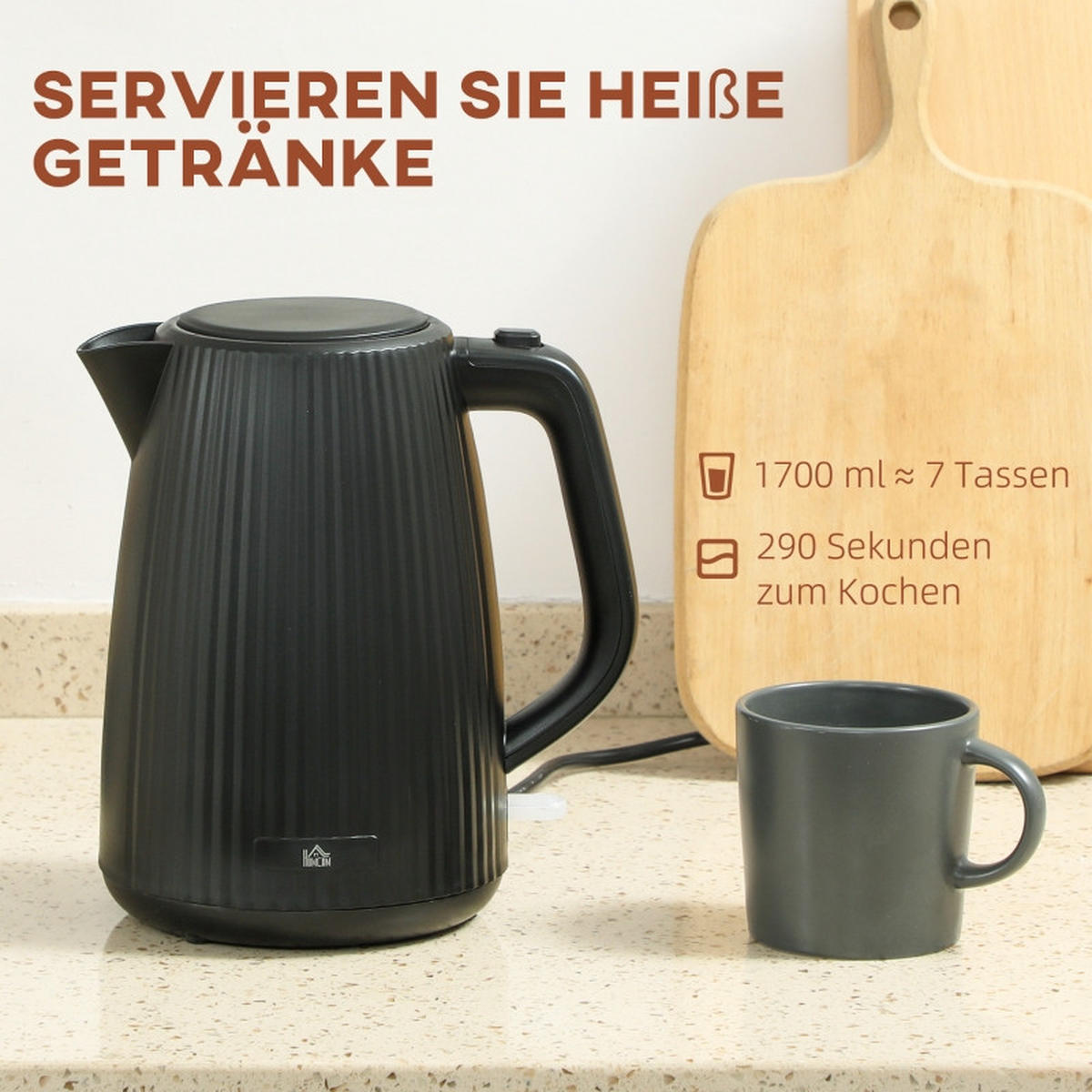 WASSERKOCHER mit 360°‑Basisstation, stilvoller elektrischer Wasserkocher mit automatischer Abschaltung, 1700 ml Fassungsvermögen für Küche, schwarz - Schwarz, Metall (21.4/23.3/15.6cm) - Joyfair