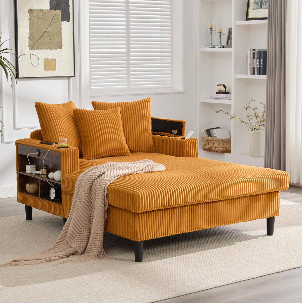 CHAISELONGUE 129/170/70 cm aus Cord mit LED-Beleuchtung, USB-Anschluss, Stauraum und Becherhaltern, Senfgelb - Gelb, Textil (170/70/129cm) - Redom