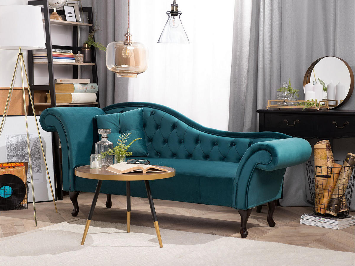 CHAISELONGUE Samtstoff blaugrün linksseitig Lattes - Blau, Textil (188/87/59cm) - Beliani
