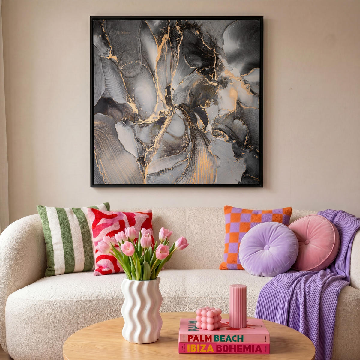 LEINWAND Bilder mit Rahmen - Grau - Luxus - Gold - Marmor - 90x90 - Dunkelgrau, Textil (90/90cm) - MuchoWow