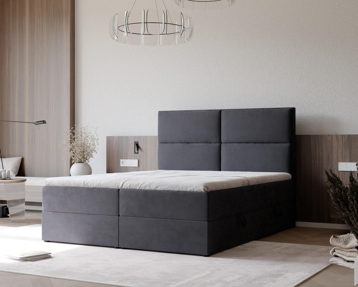 BOXBETT ORFEO 160/200 cm mit Matratze und Topper, Dunkelgrau - Anthrazit, Holzwerkstoff/Textil (160/200cm) - Idohome