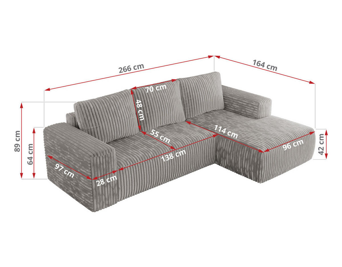 ECKSOFA TRENTINO L Hellgrau Cord - Rechts - Hellgrau/Schwarz, Textil (164/266cm) - MKS